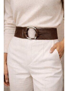 Italian Leather Wide Belt Brown Wrap Waist Belt Silver Ring Buckle Size M 31”